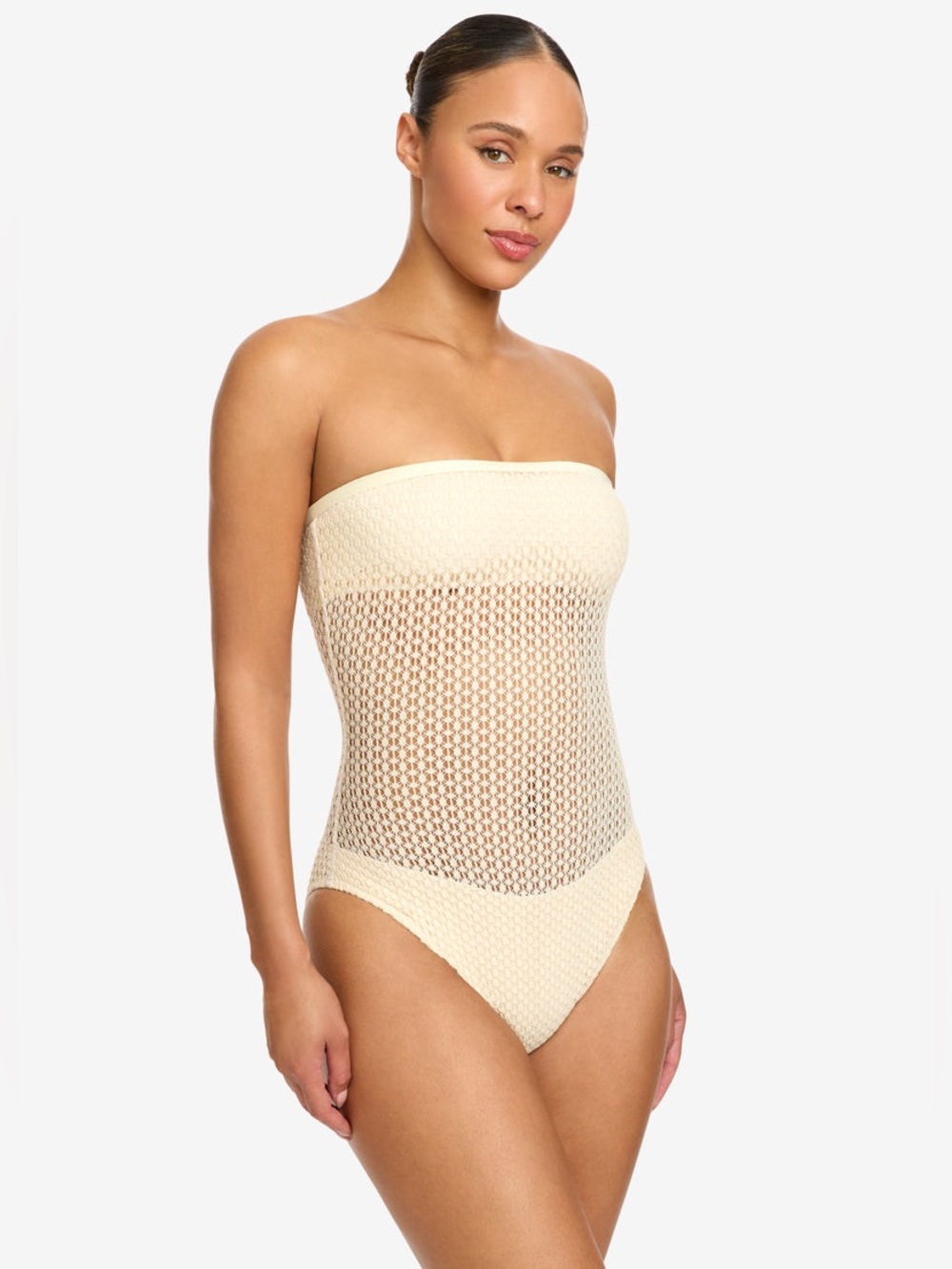 NWT ROBIN PICCONE ‘Charlotte’ Bandeau One-Piece Crochet Swimsuit in Bisque
